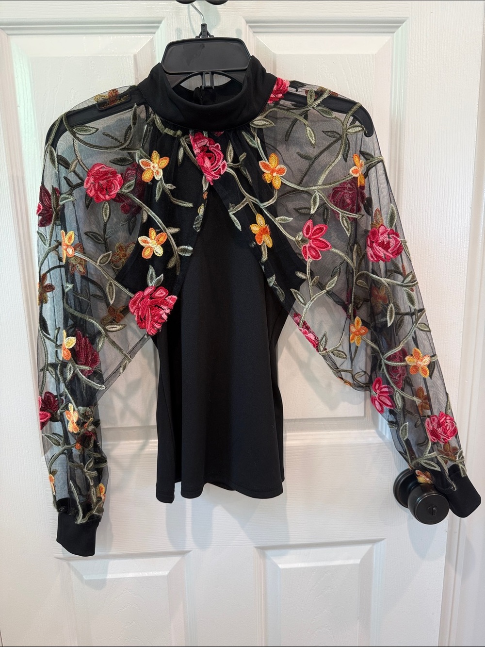 SHEIN Black Mock Neck Top with Pink & Yellow Floral Embroidery